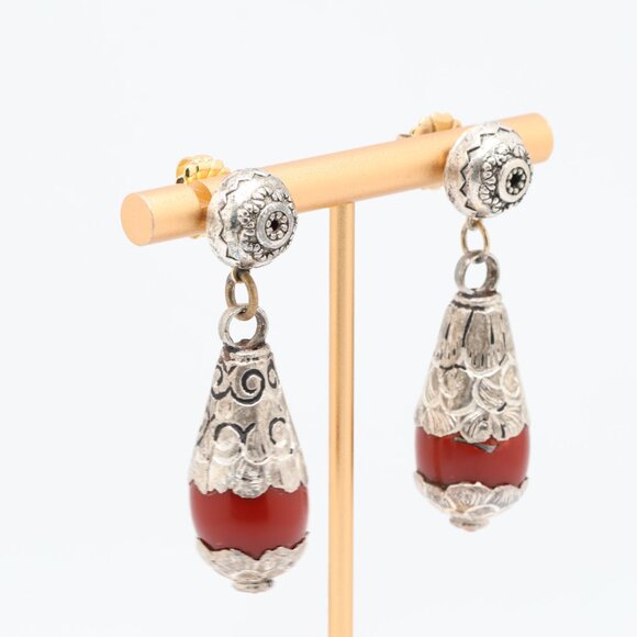 Vintage Sterling Silver Red Coral Teardrop Dangle Earrings - Picture 6 of 6